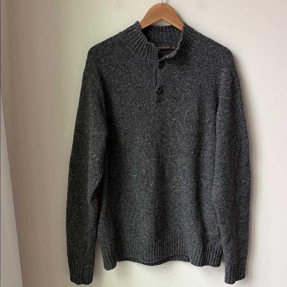 Peter Millar Wool Blend Button Mock Neck Sweater Professor Elbow Patches Size L